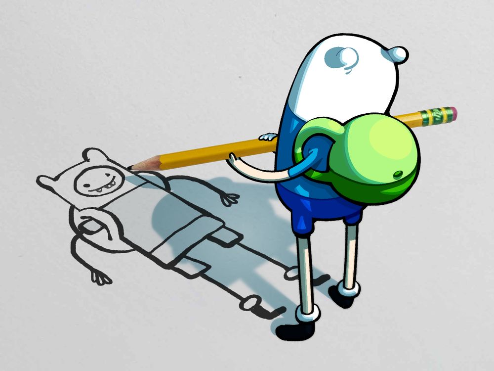 Finn using a photo-realistic pencil to sketch out a doodle of himself on the ground.