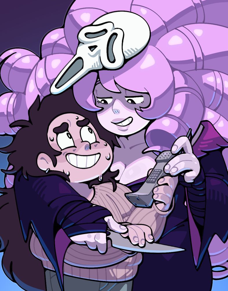 Rose, wearing a sort of sexy Ghostface costume with the hood pulled down and cleavage bared leans menacingly over a young Greg.