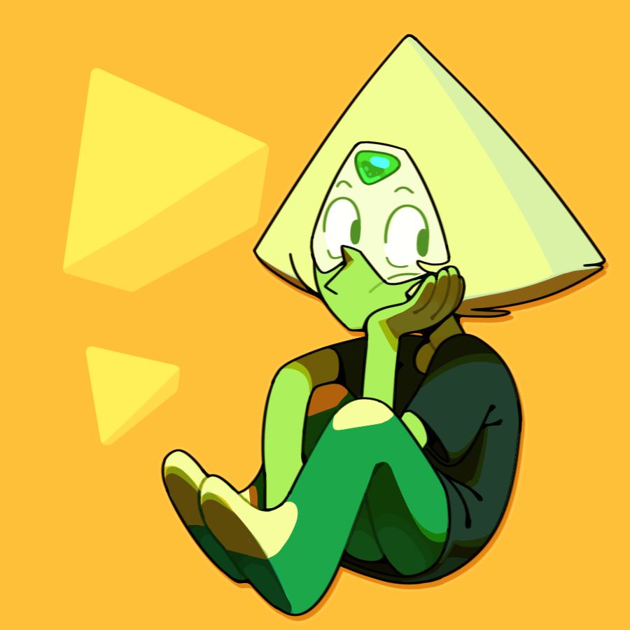 Peridot in a t-shirt, sitting with her hand on her cheek.