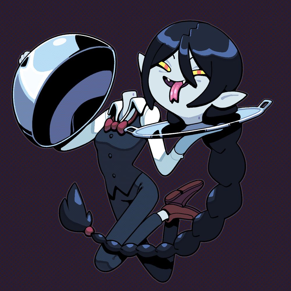 Marceline in a waiter's attire, including reddish bowtie and braided hair, carrying her own, smiling head on a silver platter. It's less gruesome than it sounds, really.