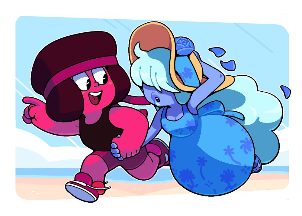 Ruby running while pulling Sapphire along by the hand, both dressed in casual summer garb.
