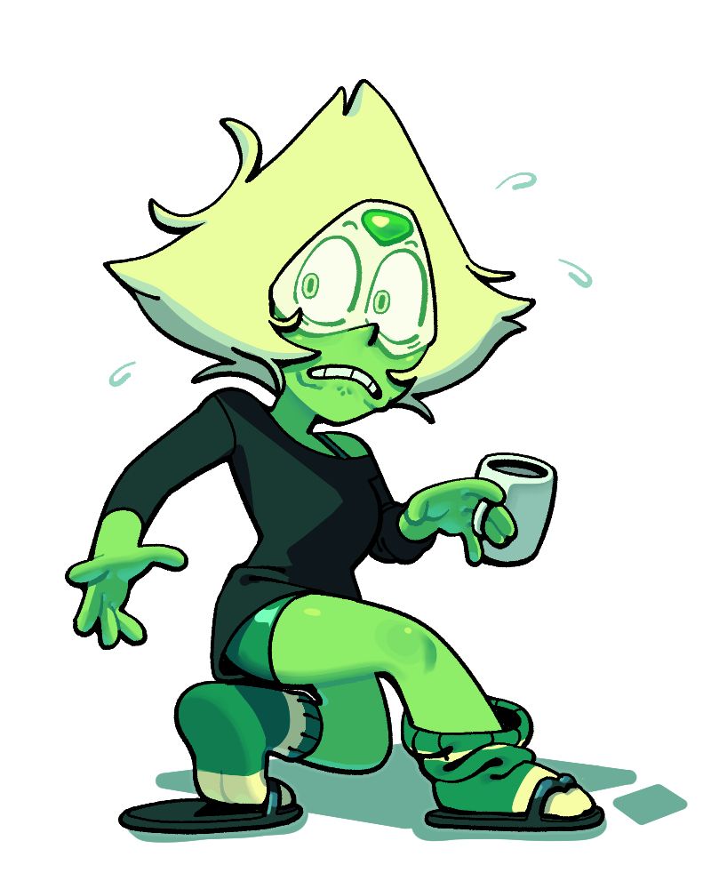 A disheveled Peridot in mismatched casual clothes twisting to look at the viewer in shock.