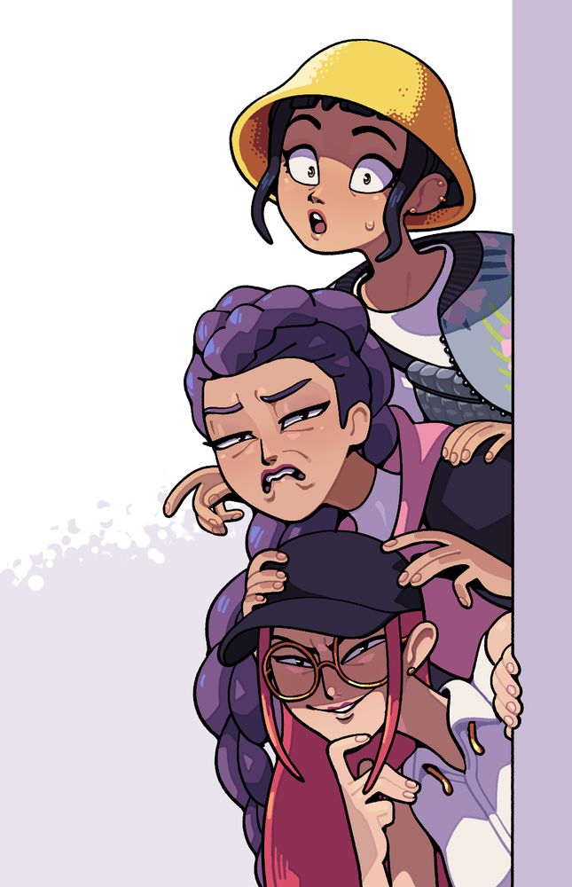 The three main characters of KPOP Demon Hunters, Zoey, Rumi, and Mira, peering around a corner while stacked in that order from top to bottom. Zoey seems shocked, Rumi seems disgusted, and Mira seems excited.