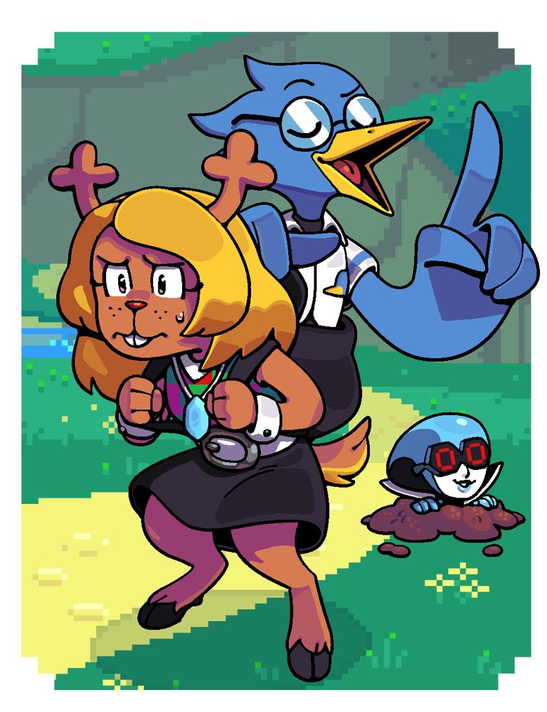 Noelle in a short sleeved version of her usual outfit and a backpack plus belt carrying around Berdly in a backpack. Queen is also there, popping out of the ground.