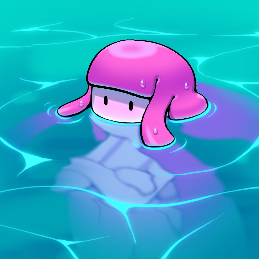 Princess Bubblegum sitting in a pool, in an area just deep enough that only her upper head rises free of the water.