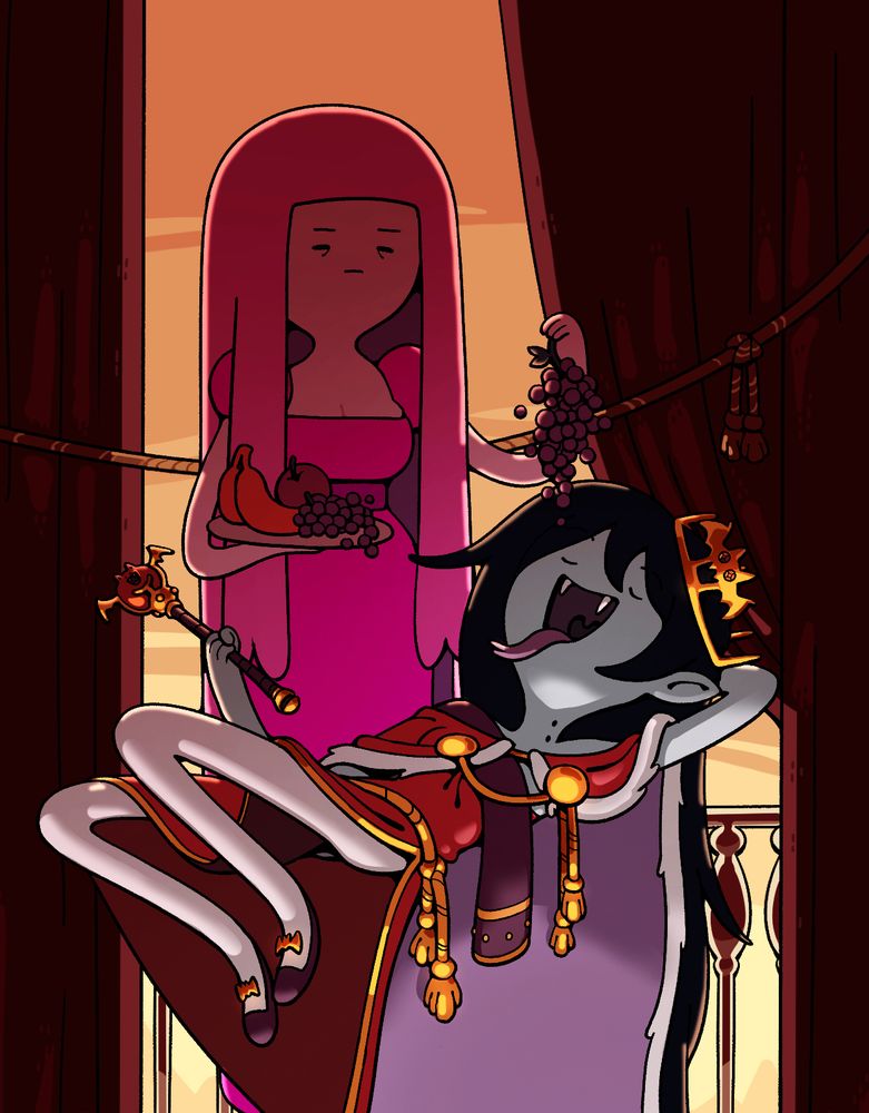 A crowned and richly appointed Marceline floating happily in front of a curtained balcony as Bonnibel Bubblegum (notably lacking her crown) feeds her grapes from a tray with a look of dissatisfaction.
