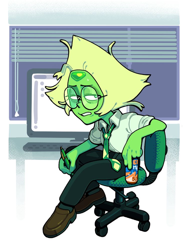 An utterly bedraggled Peridot in glasses, a dress shirt, and more or less formal pants and shoes slouching on a wheelie chair, a pen in one hand and an energy drink in the other.