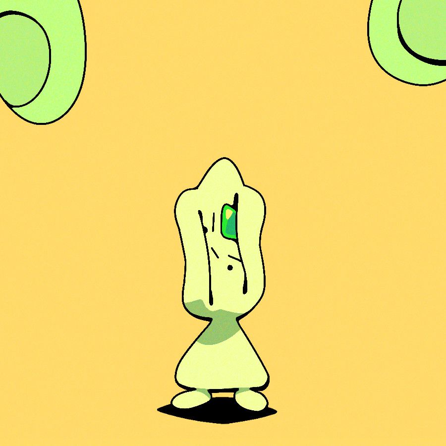 A tiny, blobbish Peridot with her head squished, looking angry.