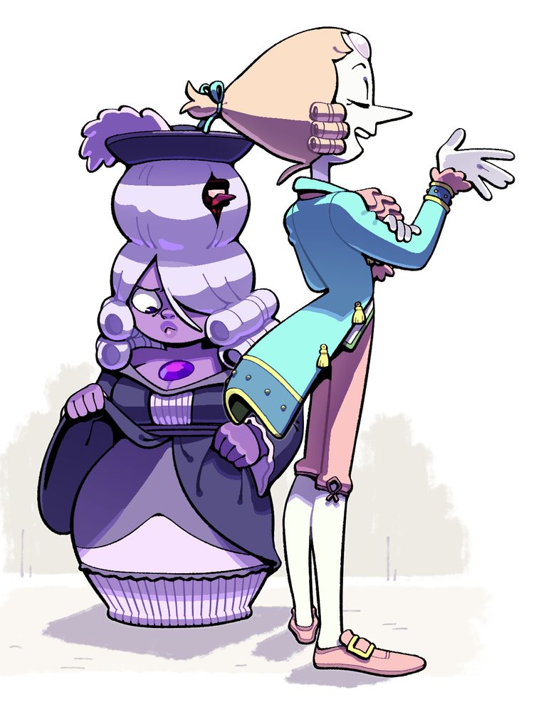 Pearl and Amethyst dressed as french aristocrats of the late 18th century. Garnet is there as a bird poking out of Amethyst's hair. I don't really know why I made this.