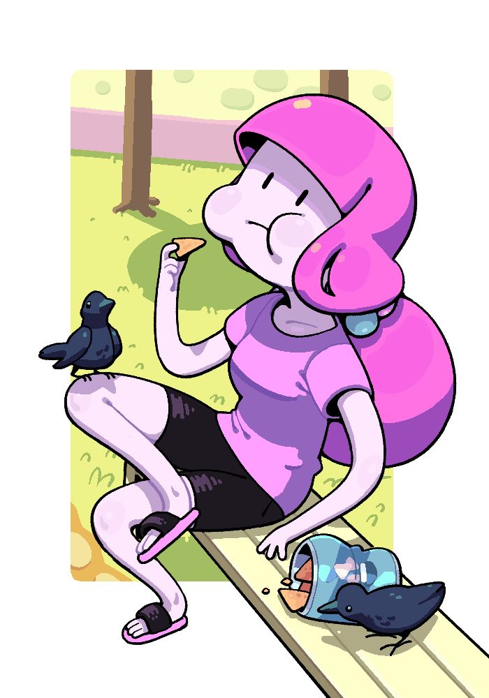A lazily garbed Princess Bubblegum eating some triangular chips on a park bench as birds look on enviously.