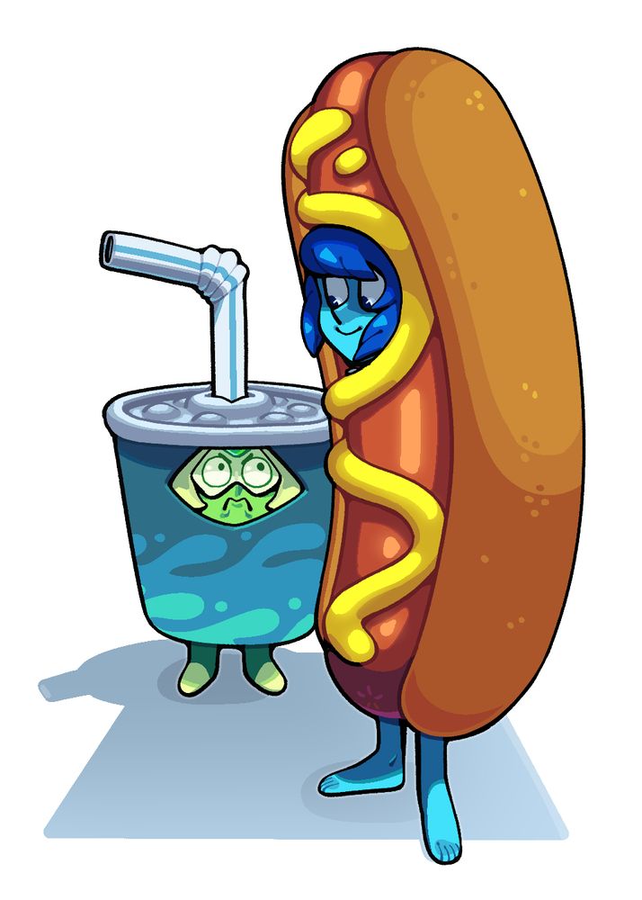 Lapis Lazuli in a hot dog outfit smiling at a Peridot in a soda outfit, who is scowling ferociously. Neither outfits have arm holes, but their feet do poke out the bottoms.