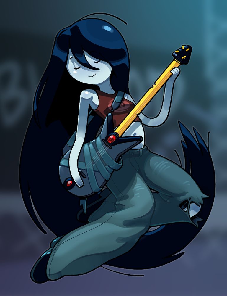Marceline in big ol' jeans and a red tank top playing a guitar seemingly fashioned from one of Finn's swords.