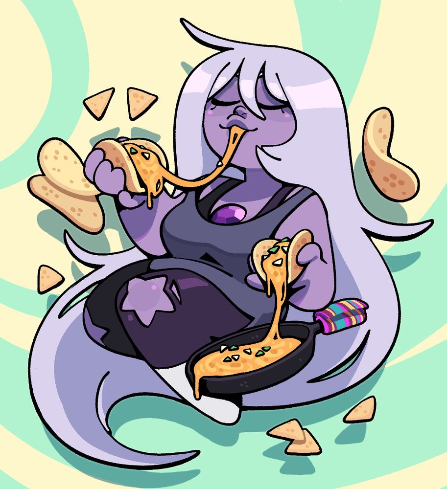 A floating, blissful Amethyst eating queso fundido, surrounded by a few floating tortillas and chips.