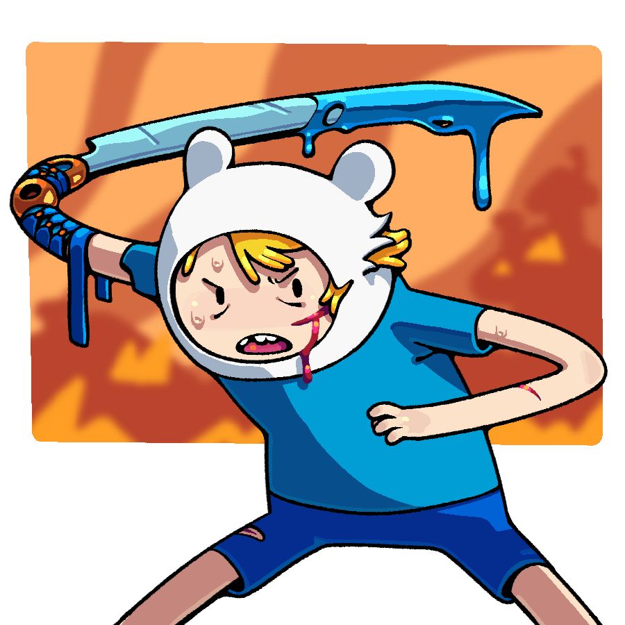 A battle-damaged Finn, hat torn and shorts cut, wielding a prosthetic arm which ends in a long blade with a curved edge, whose arm-parts are wrapped with cloth bindings, katana style.