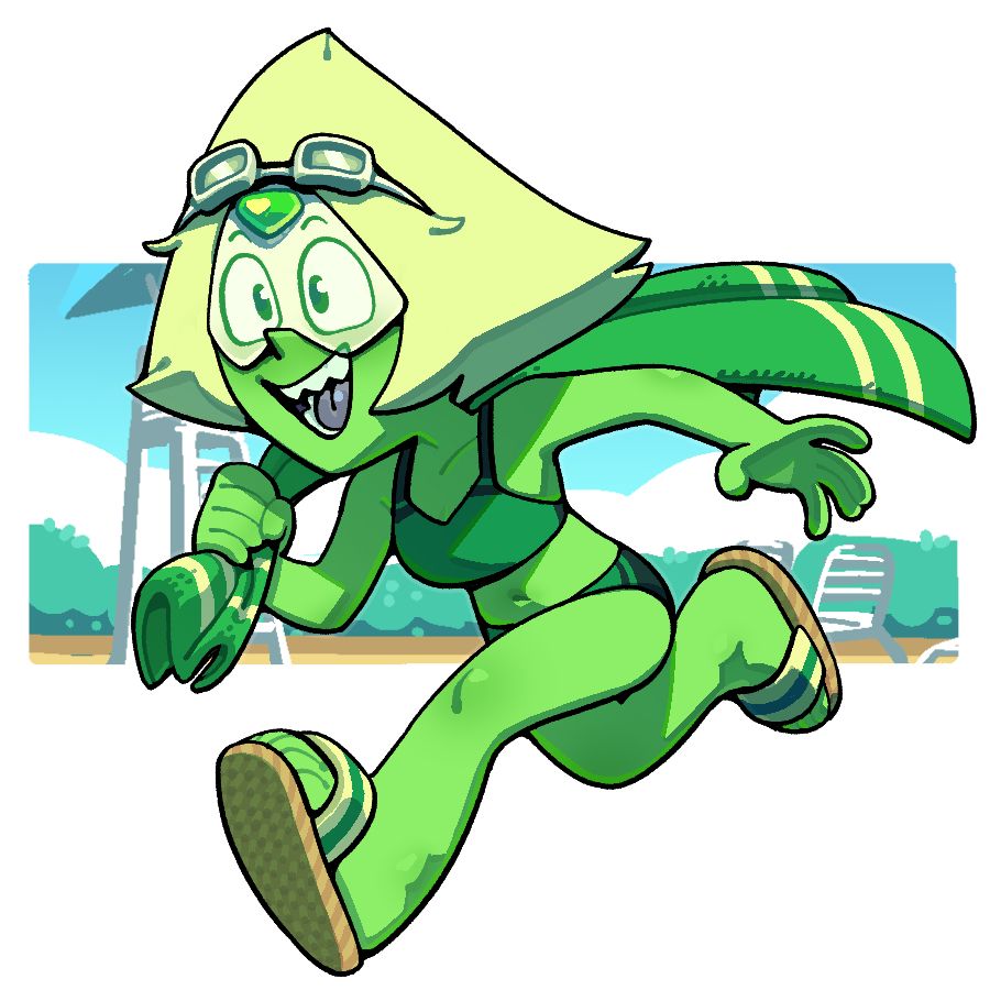 A swimsuit wearing Peridot with goggles on her forehead and a beach towel clutched lightly, fluttering behind her, running happily.