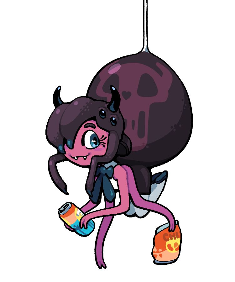 A spidery demon girl in vaguely formal garb dropping down with snacks.