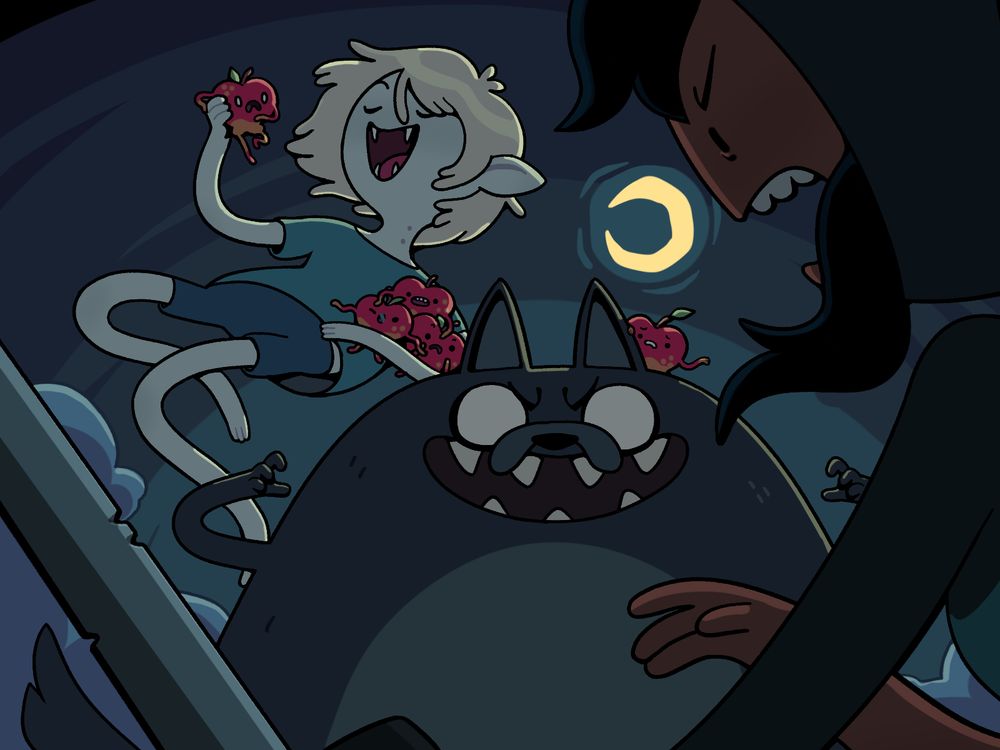 Finn the Vampire Prince floating, about to suck the red or juice from a little apple guy, holding many more in the crook of his other arm. Wolf Jake bars the advance of an angry Marceline the Human.