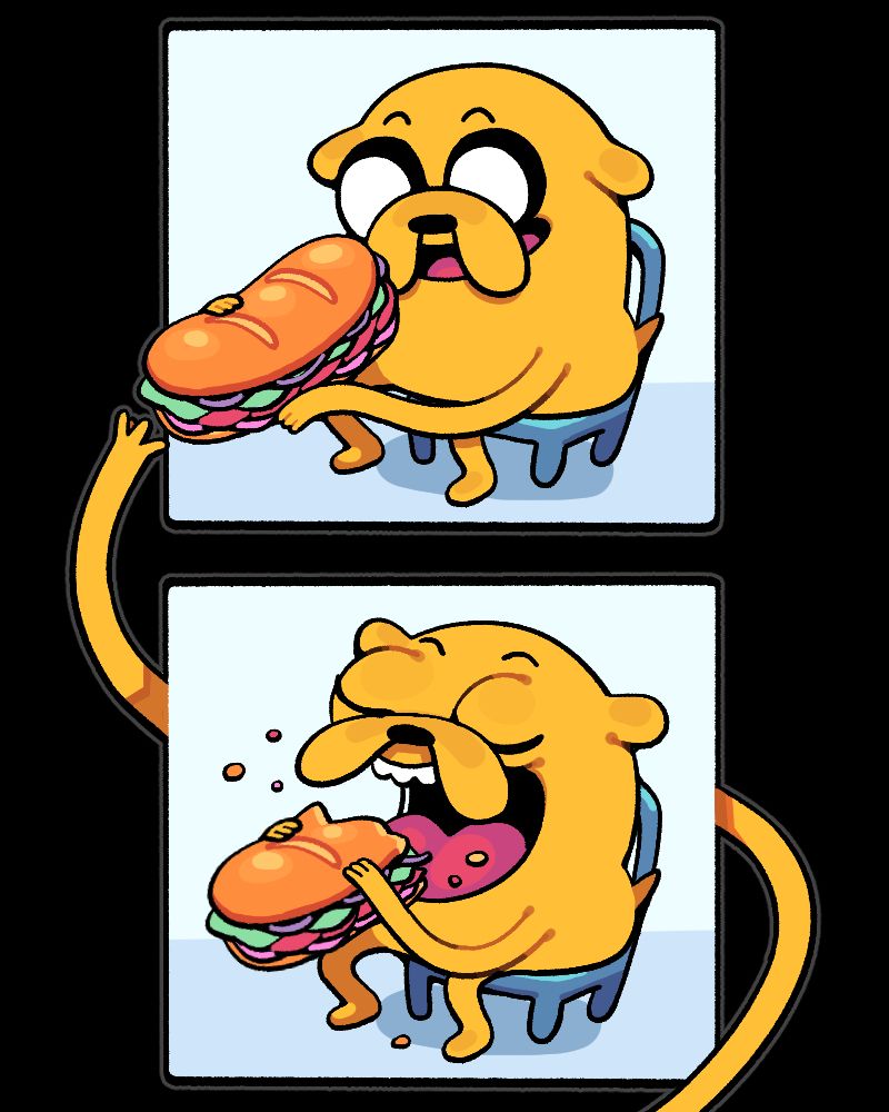 A four panel comic consisting of one panel of Jake the Dog holding a sandwich, one of him eating it, one of him looking remorseful about the sandwich's loss, and one of him reaching up and out of the border of the comic to reach for the sandwich in the first panel.