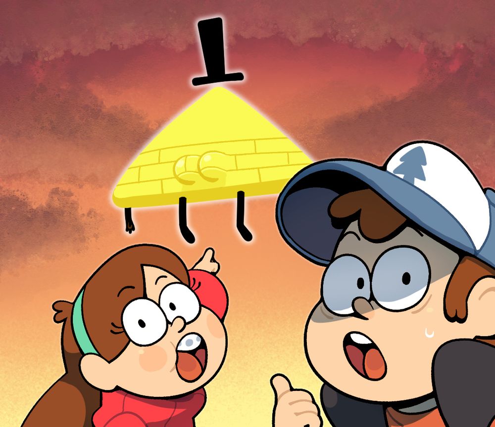 Dipper and Mabel pointing at Bill Cypher's surprisingly pronounced butt.