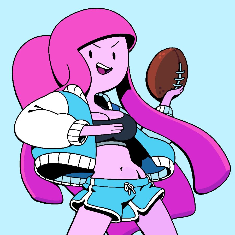 Bubblegum in a sports bra and athletic shorts, as well as a letterman jacket, holding a football ready to throw.