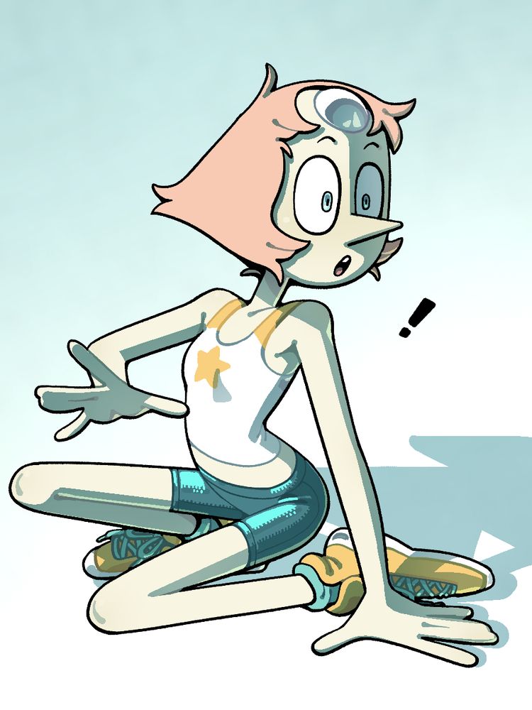 Pearl sitting in athletic wear, shocked and surprised by something off to her right.