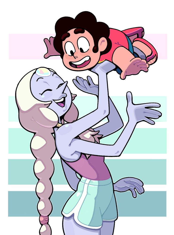 Opal with a braid hefting a Steven, as though he were being enabled to mimic the characteristics of an airplane.