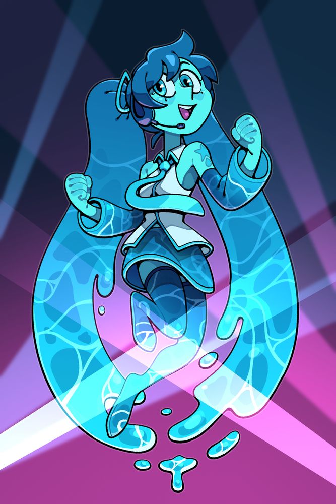 An excited Lapis Lazuli dressed as a very watery version of Hatsune Miku, 