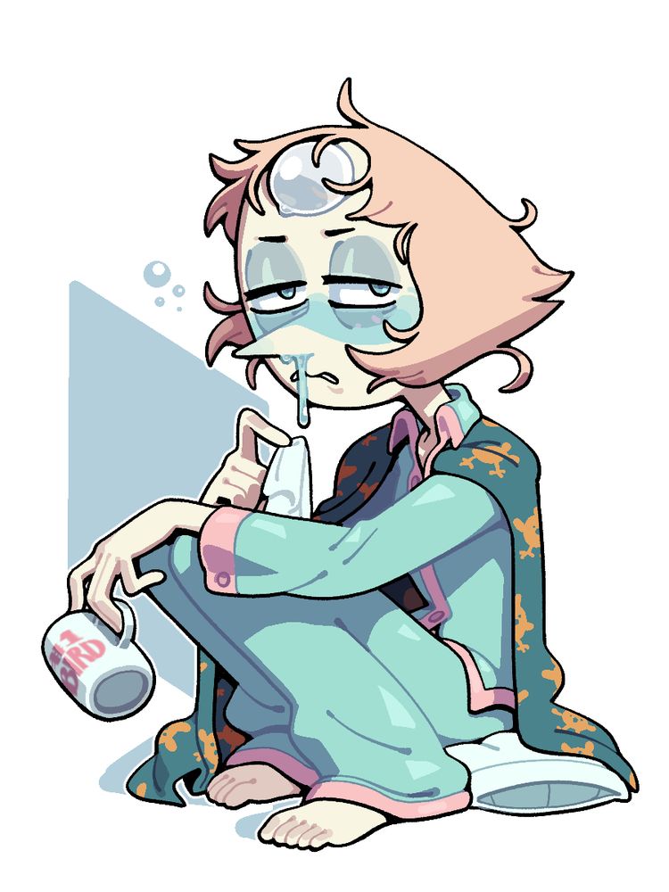 An ill looking Pearl, nose dripping, sitting on a pillow in pajamas with a handkerchief in one hand and a mug reading "#1 Bird" half-hearted held in the other.