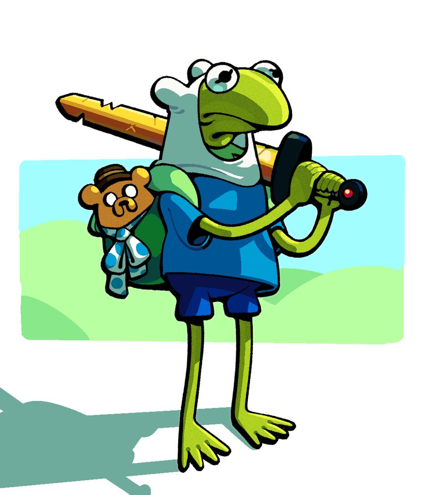 Kermit the Frog dressed as Finn the Human, staring soulfully into the distance, sword on his shoulder. A little Jake the Dog dressed as Fozzie Bear pokes out of his backpack.