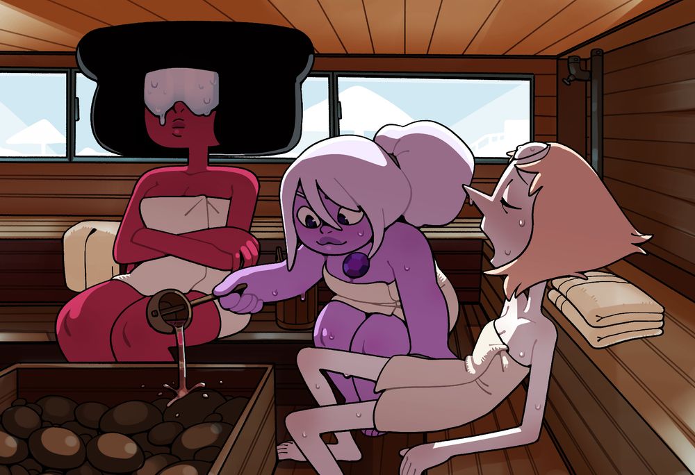 The Crystal Gems in a sauna--Garnet chilling, though her glasses are fully fogged up, Amethyst happily adding more water to hot stones, and Pearl worn down by the heat.