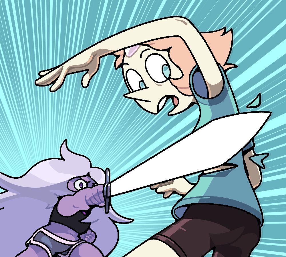 Pearl in a t-shirt narrowly dodging a thrust from a blade-wielding Amethyst, the edge shearing a few stray pieces of fabric from her shit.