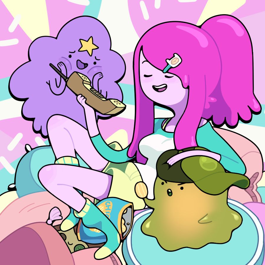 A group of lounging princesses on a layer of pillows, including Princess Bubblegum holding a 90's style wireless phone, slime princess wearing a baseball cap and eating chips, and Lumpy Space Princess making an excited expression as she looks at the phone.
Raggedy Princess lurks in the pillow pile.