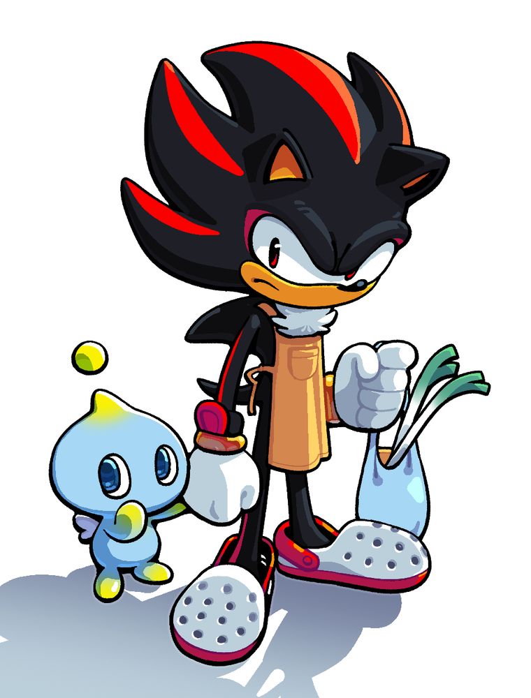 Shadow the Hedgehog wearing his typical glare, in addition to an apron and crocs, carrying a shopping bag in one hand and a Chao's... arm ending thing in the other.