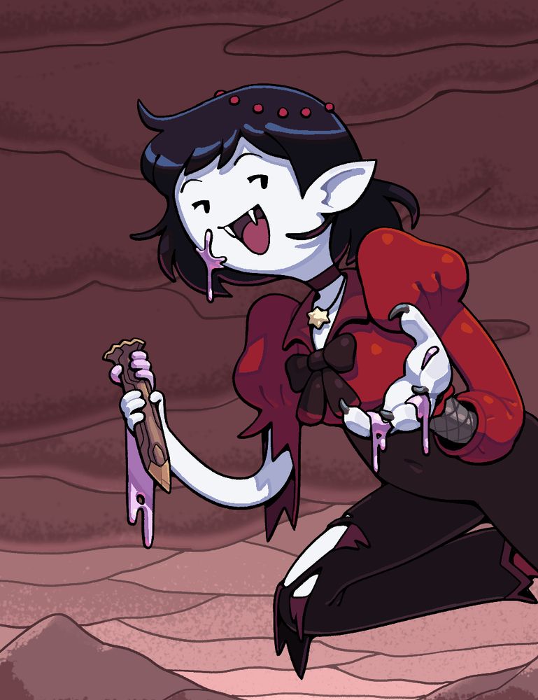 Marceline the Star in a battle-damaged outfit, floating in from the left, splattered with bublegum and holding a stake--one with a bubblegum hand still clinging to it.