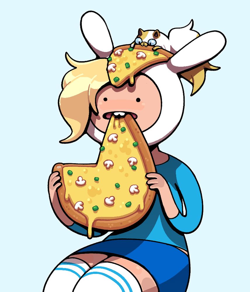Fionna eating a pizza basically whole, just sort of holding it in her hands while Cake eats a single slice from it atop her head.