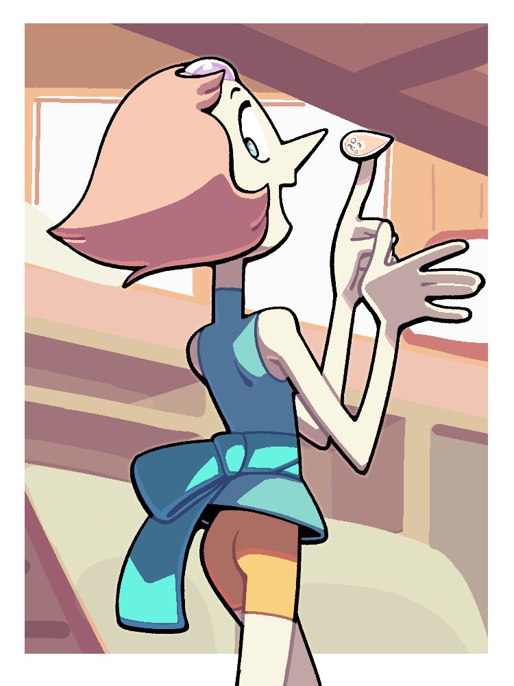 Pearl enthusiastically holding out a pearl point, as seen from behind as she looks back towards the viewer.