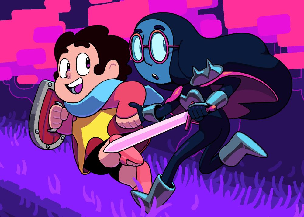 Steven and Connie in Deltarune-style Dark World Forms, Steven in a robe and bearing a shield, while Connie has become blue, and wears an outfit styled after Kris' armor. Steven's Star somewhat resembles the original Starwalker, which would likely instigate negative emotions in him.