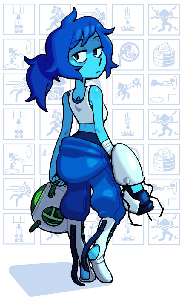 Lapis Lazuli with her back turned, glancing back towards the viewer, dressed in the garb of Chell from Portal, including her magic boots and portal generating wand. She's also holding a mystical eyeball whose iris glows green, presumably containing the spirit of Peridot.
