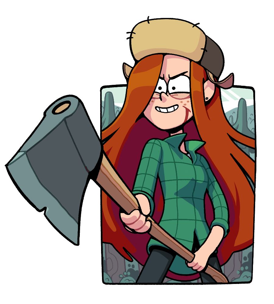 Wendy from Gravity Falls, standing in the woods with a cut on her cheek, hefting an axe.