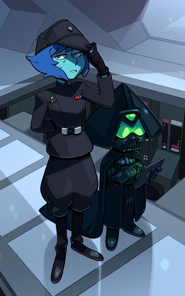 Lapis Lazuli sweating, dressed as an Imperial Officer from Star Wars, with a little Darth Peridot beside her in Vader's general get-up, cape trailing far behind her as she plays on a tablet.
