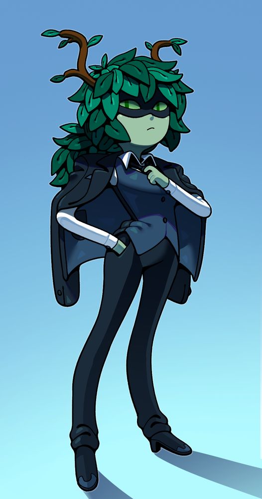 Huntress Wizard, leafy hair tied back in a ponytail, wearing a sleek suit and adjusting its tie.