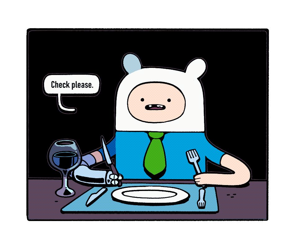 Finn wearing a tie, sitting at a table set to eat, saying, "check please" with a blank face.