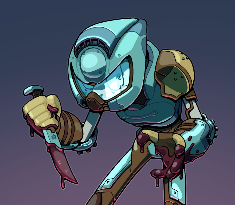 Pearl in a variant of Doom Guy/the Doom Slayer's armor, hunched over with a hand and knife dripping with blood and eyes hungry for more.
