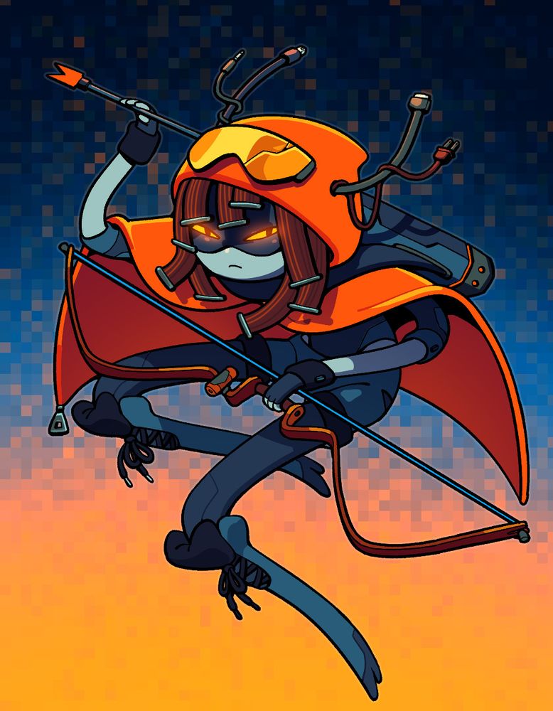 Huntress wizard with a neon orange cloak, cracked yellow goggles, and hair which resembles thick wires, with a generally futuristic bow and arrows. Her boots have modern style laces, and she's got FINGERLESS GLOVES.