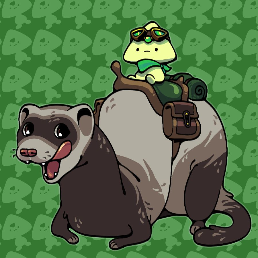 A tiny, blobbish Peridot in vaguely adventurous garb, seated astride the saddle of a ferret that's licking its chops.