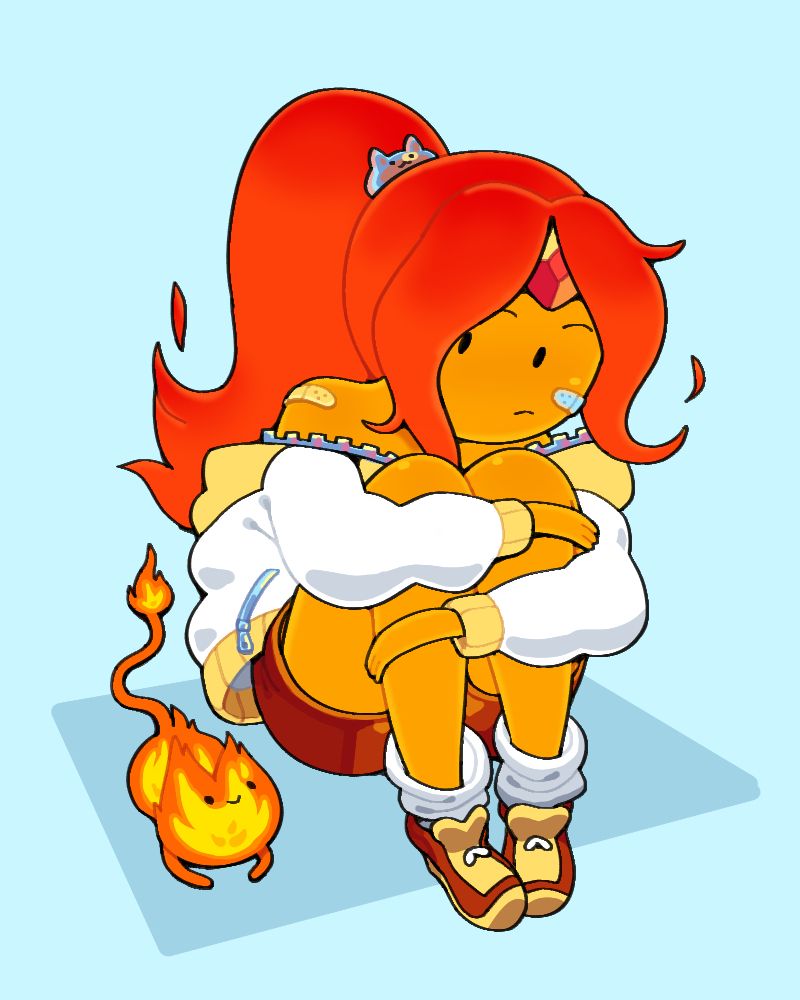 Flame Princess in a jacket and shorts, hair tied back in a low ponytail, sitting with her arms wrapped around her knees as she glances to the side, Flambo at her heel.