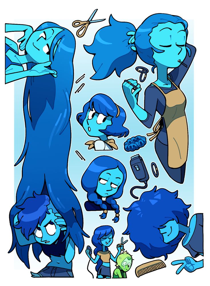 A collage of Lapis Lazuli with different hairstyles--one very long, falling down to one with a punk type lazy mohawk, one tying her hair back in a ponytail, one with a cute... bob, maybe? I'm not really a hairstyle guy. There's a braid one, and a double braid one who looks depressed, and a big poofy haired one who's throwing up a peace sign. There's also a tiny illustration of Peridot having had her head shaved at the bottom.