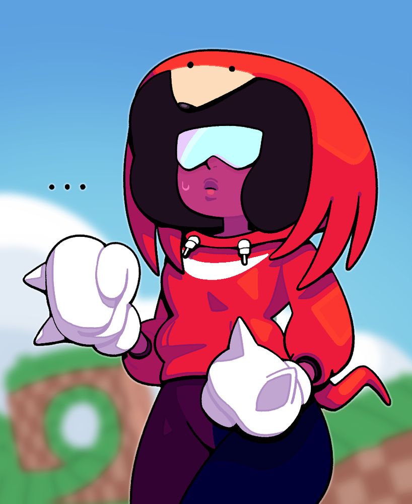 Garnet in a Knuckles hoodie (and gloves) looking a bit perplexed in a stoic way.
