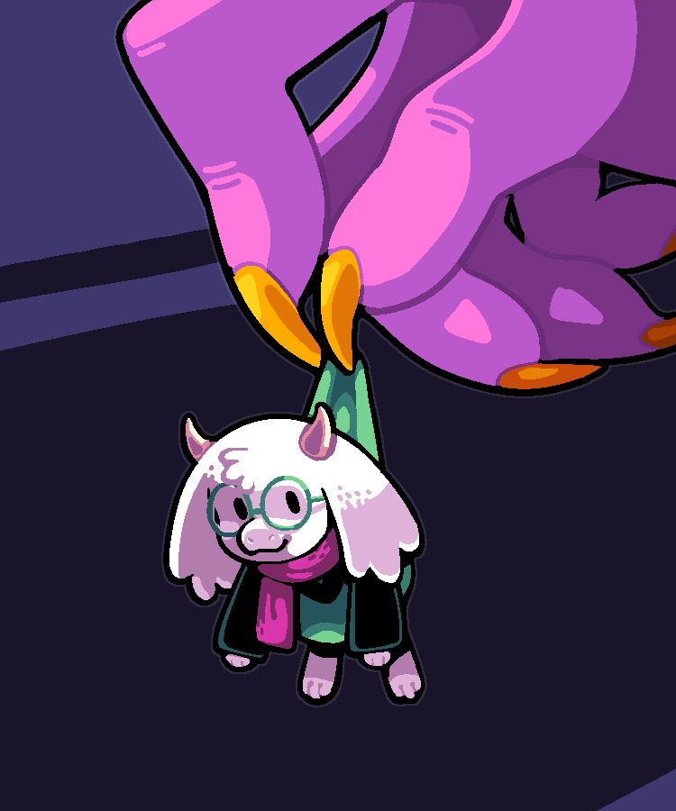 A close-up of a tiny Ralsei being held by Susie's clawed hand.