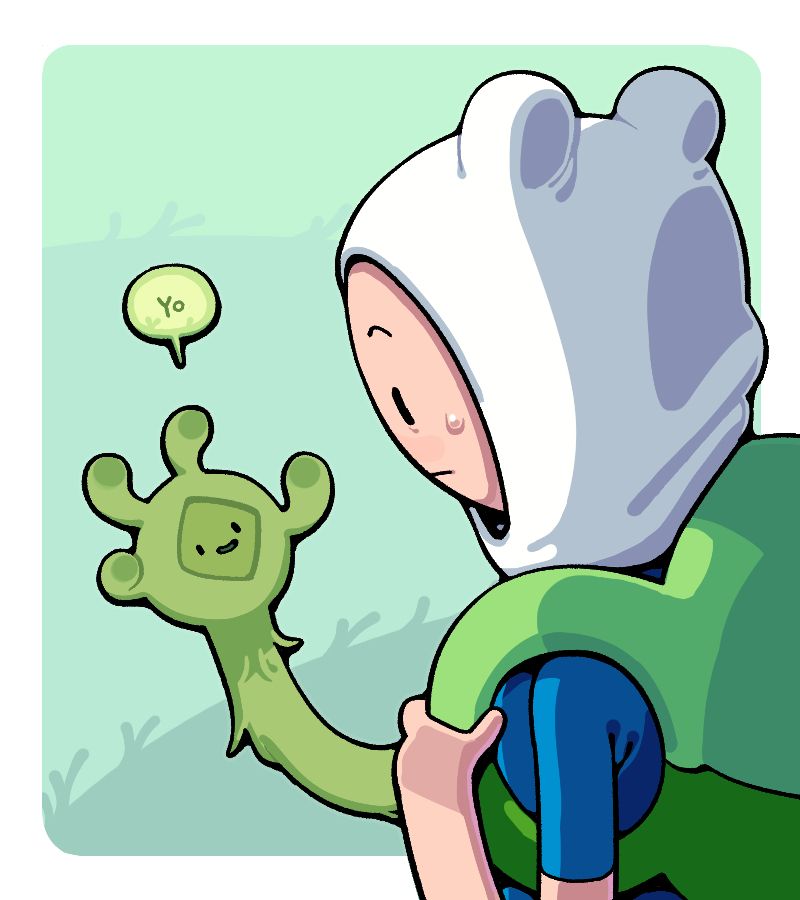 Finn looking with concern at his right arm, now grassy and with a palm resembling Fern's face, the bulbous digits resembling his ear nubs.